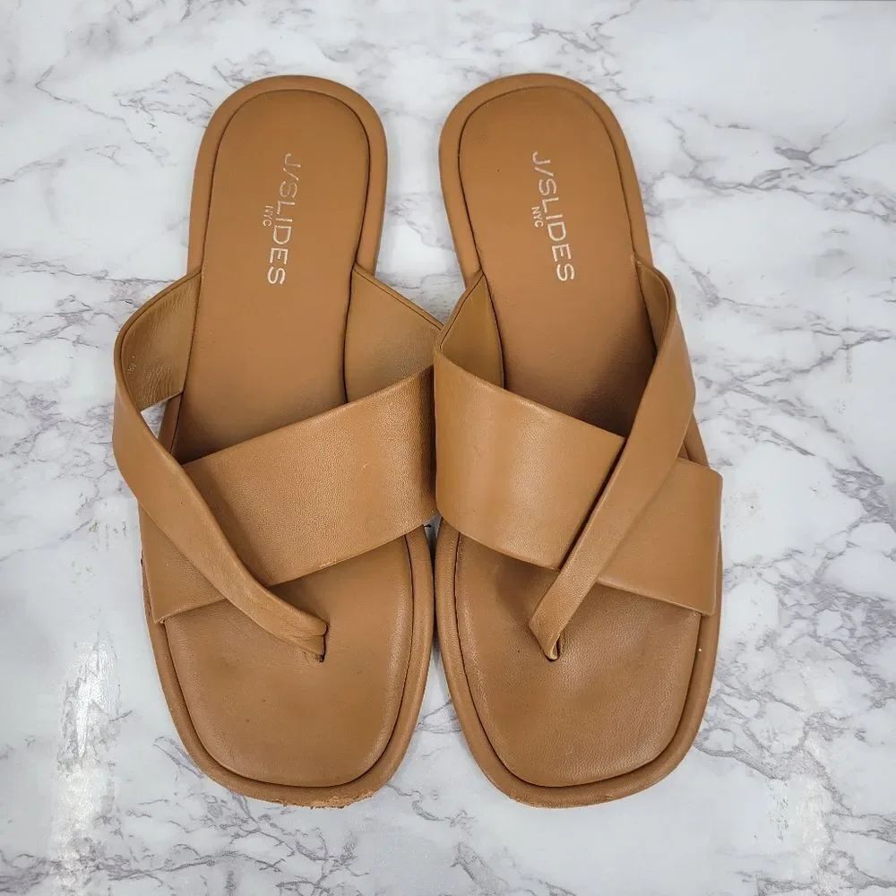 J/SLIDES Tan Leather Sandals Asymmetrical Slip-On Strappy